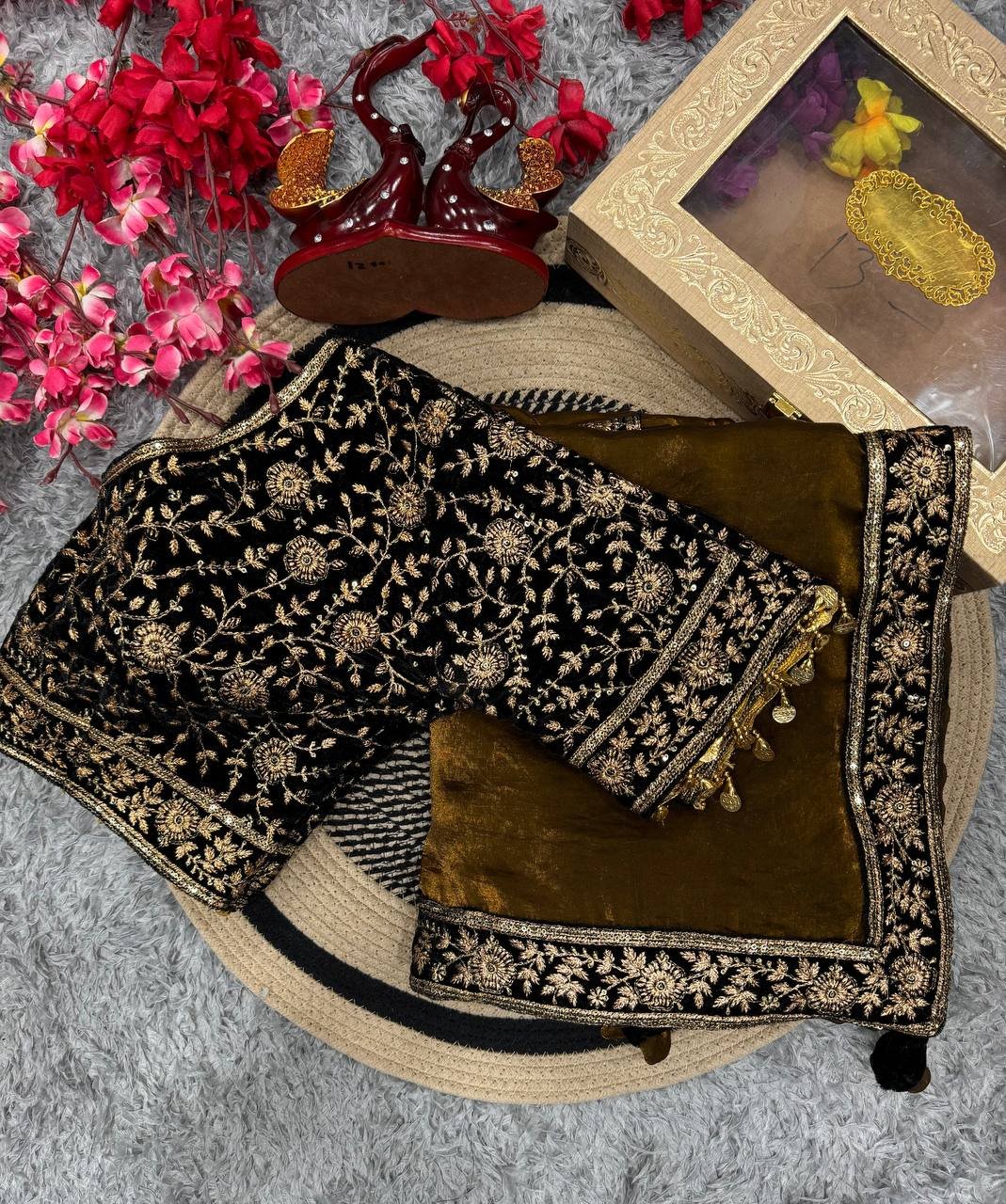 Women's Luxe Olive-Gold Silk Saree with Heavily Embellished Blouse & Border – Ideal for Evening, Wedding & Reception Wear - Image 11